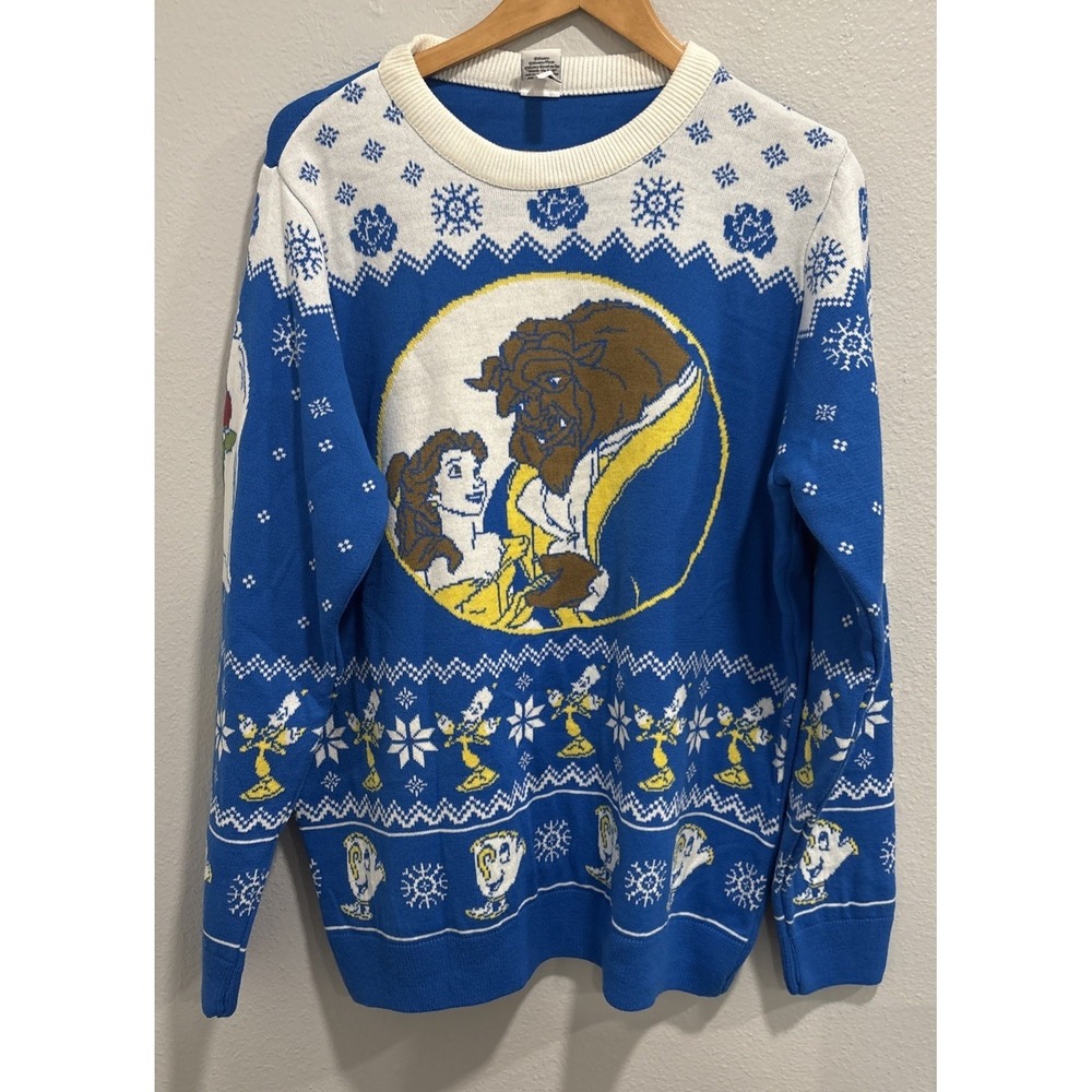 Blue Disney Beauty And The Beast Fair Isle Knit Christmas Sweater Size‎ XL Belle